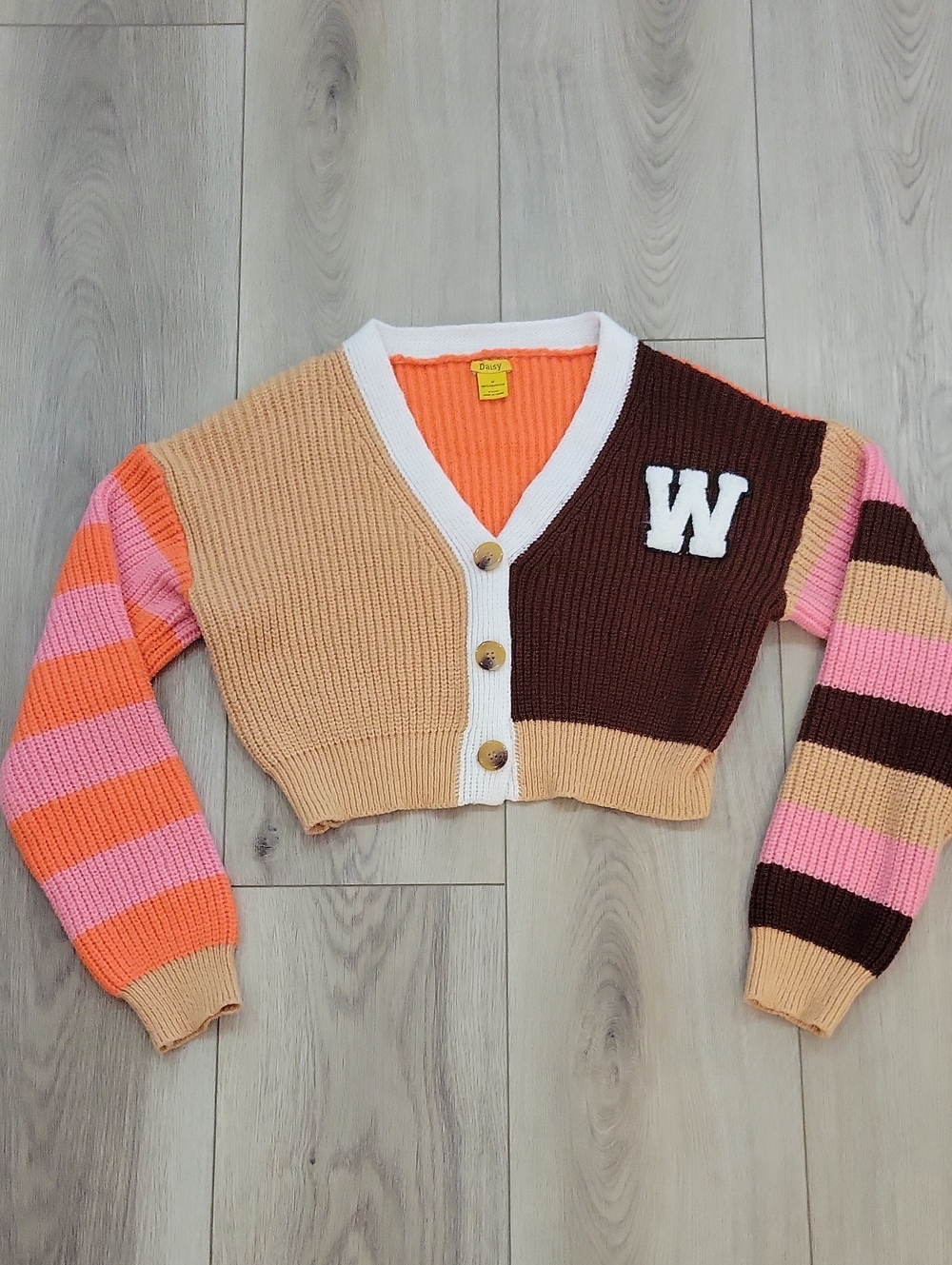 Daisy Cropped Colorblock Cardigan in Brown, Peach & Pink